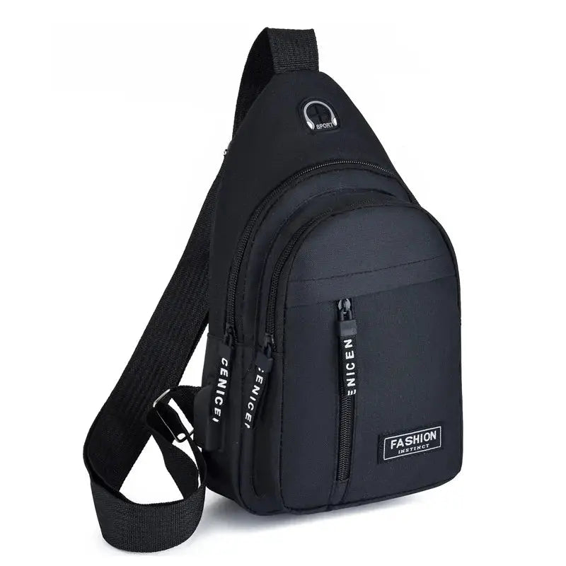 Black multifunctional chest bag with multiple zip pockets; Oxford cloth, waterproof sling bag.