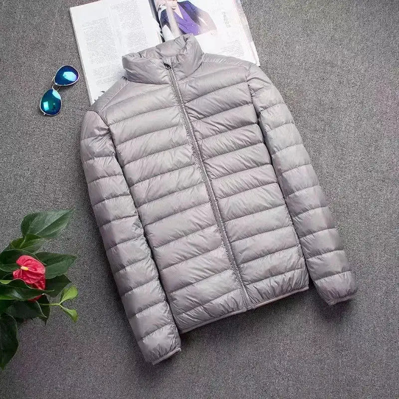 0-10℃ Men's Ultralight Duck Down Puffer Jacket by Simples Market, gray, hooded, windproof, size 5XL