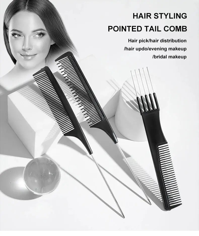 Set of 3 black pointed-tail hair combs with long metal tails for styling and parting; anti-static professional tools