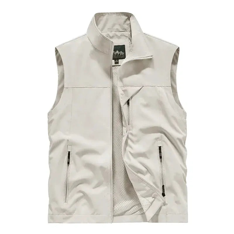 Simples Market men's windproof sleeveless biker vest in light beige with zip pockets
