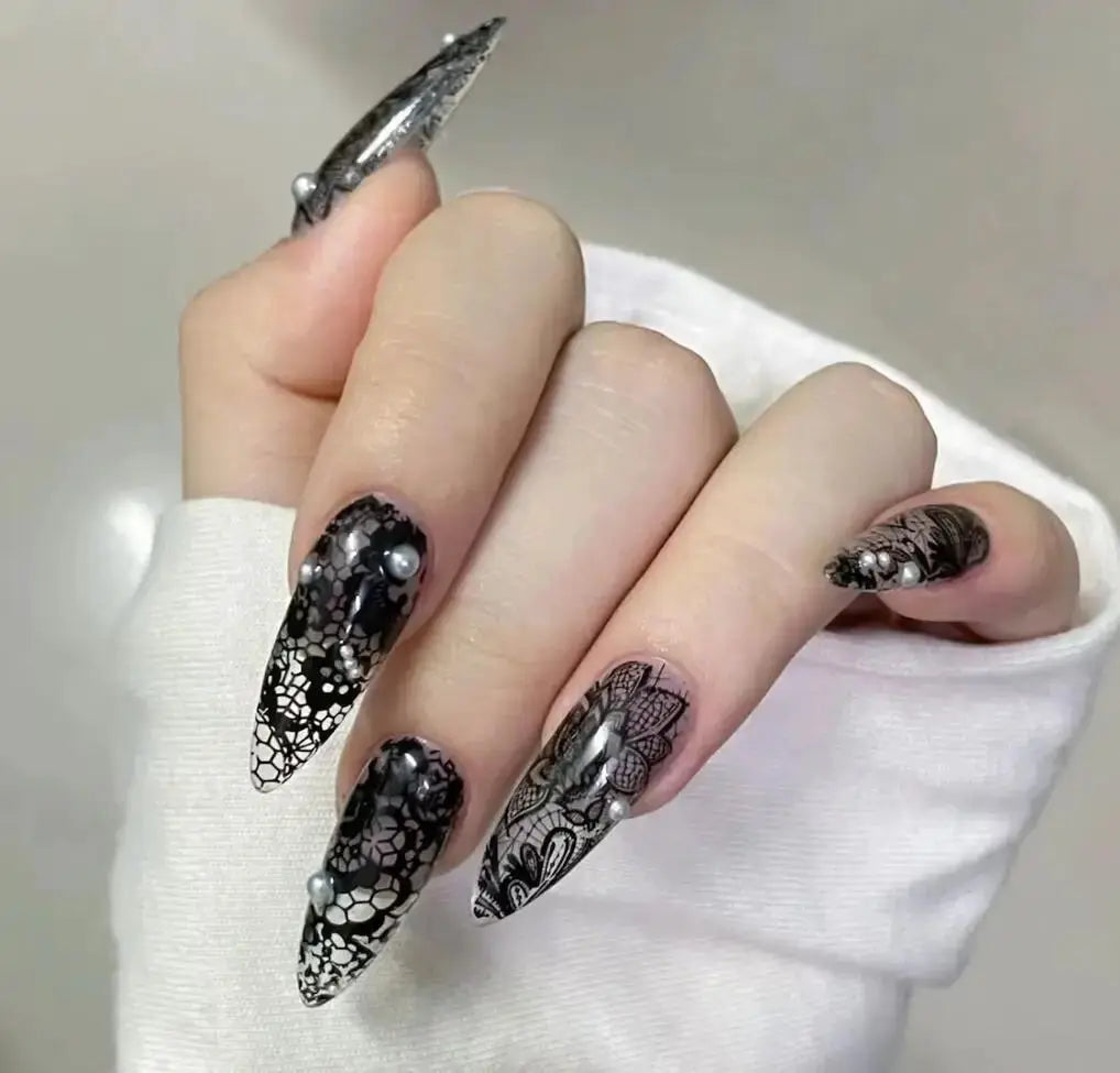 Nail transfer stickers, Simples Market, black & white lace full-wrap decals for DIY manicures (10 rolls)