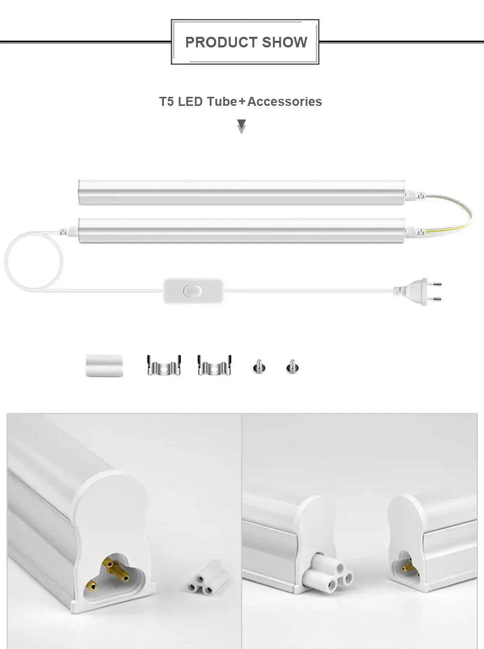 Simples Market 50cm T5 LED tube wall lamp kit with EU plug; includes 2 white tubes and mounting hardware.