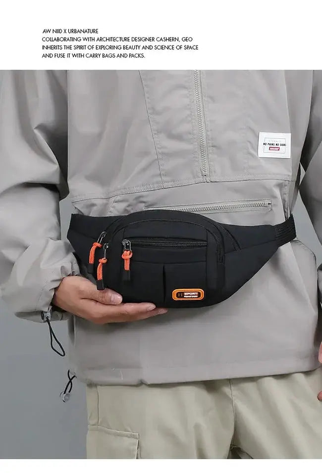 Oxford waterproof waist bag by Simples Market, black fanny pack with orange zipper pulls