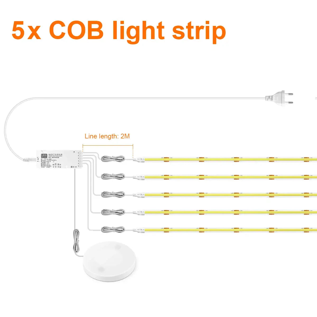 Simples Market 5x COB LED light strips with white touch-dim controller and power adapter, 2m line length