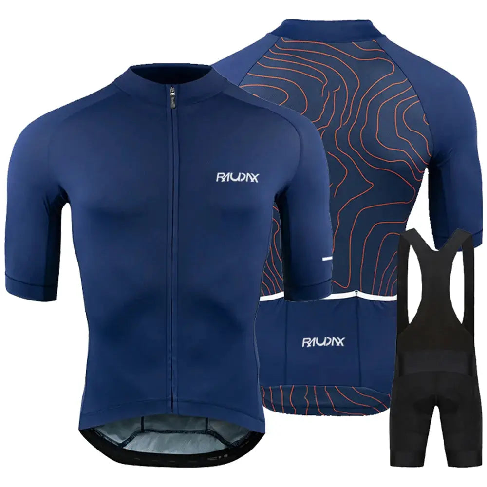 Raudax blue youth cycling jersey set with zip-front; back shows orange contour pattern, plus navy shorts and bib shorts