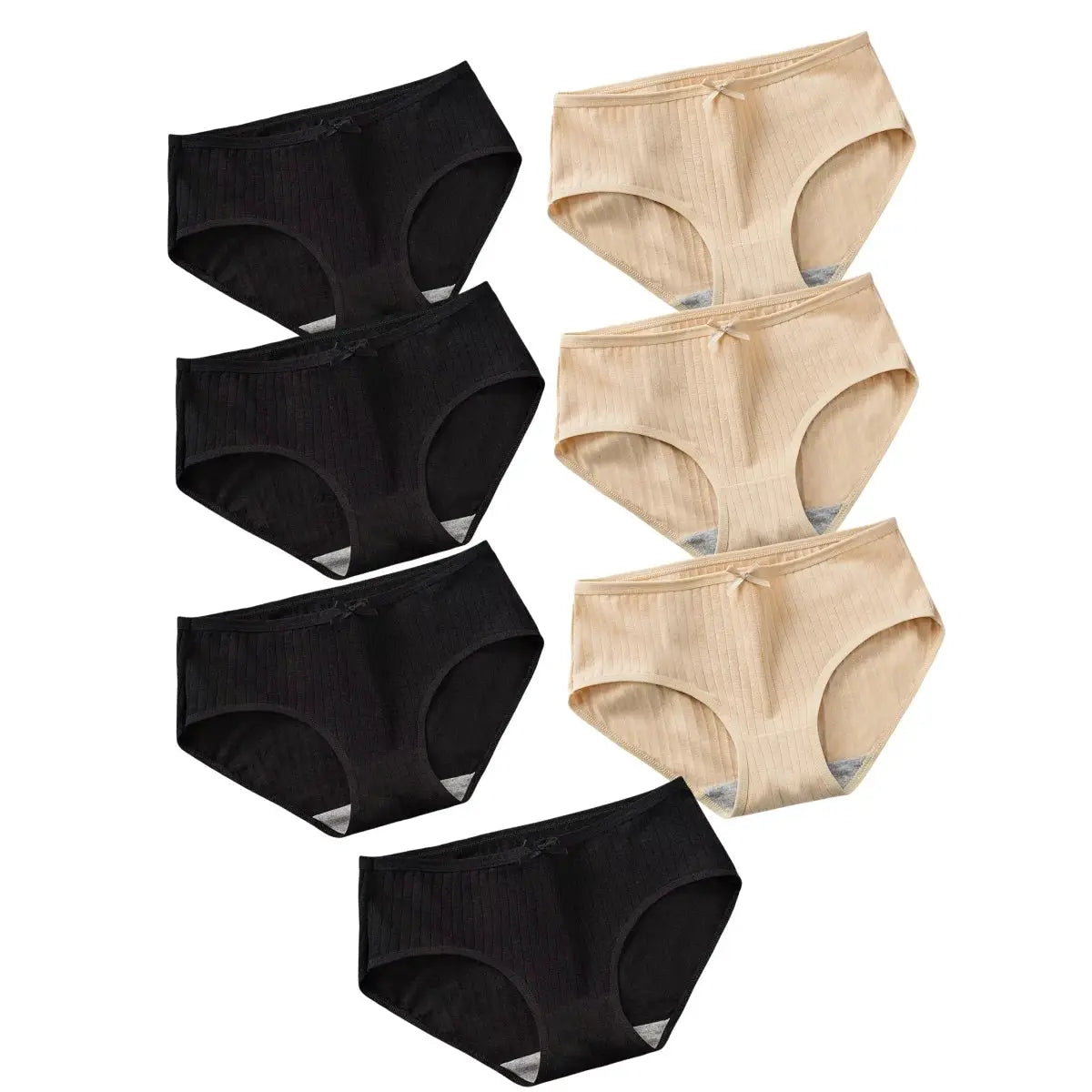 Women's cotton ribbed mid-rise panties set; 6 black and beige briefs with bow details