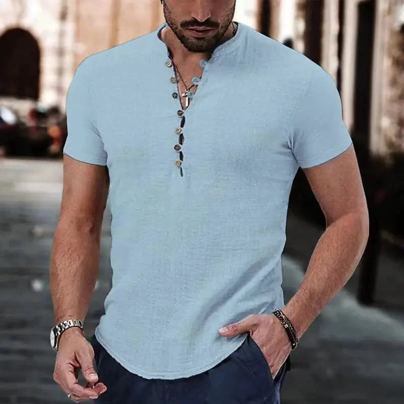 Men's light blue cotton-linen short-sleeve Henley T-shirt with button placket, Simples Market