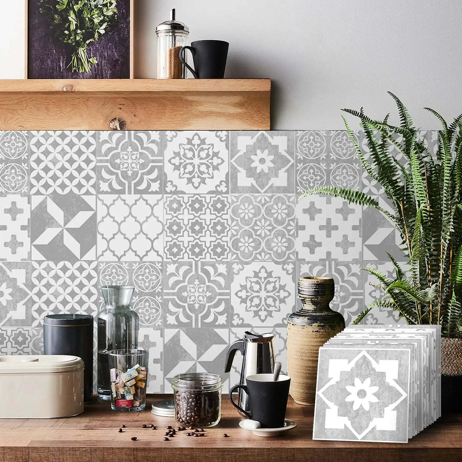 Tile self-adhesive wall stickers, 24-piece set, grey geometric patterns; Simples Market waterproof backsplash decals