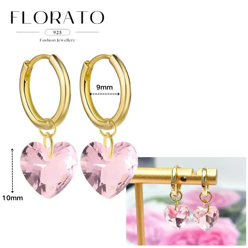 Hoop earrings, Florato 925 gold-tone with pink heart zircon pendants, 9mm hoops, pair