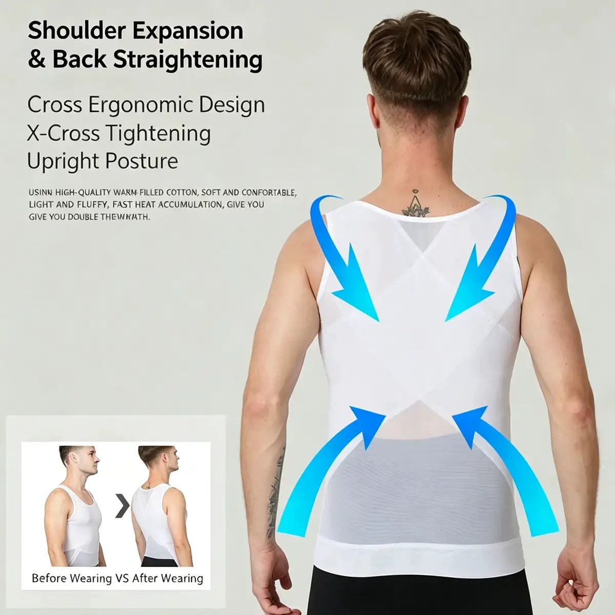 Men's white compression undershirt tank top by Simples Market with cross-back support design.