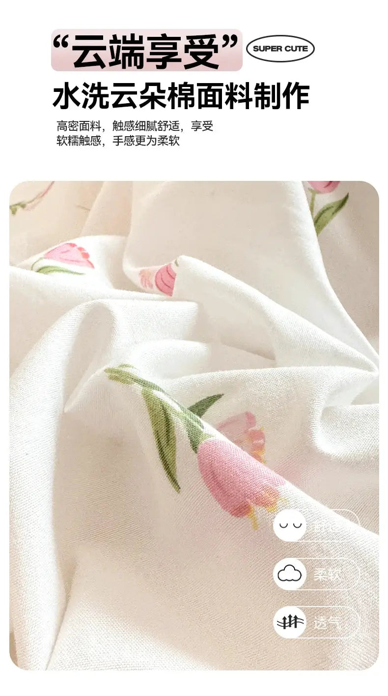 Tulip three-piece quilt cover and pillowcase set, white fabric with pink tulips, Simples Market