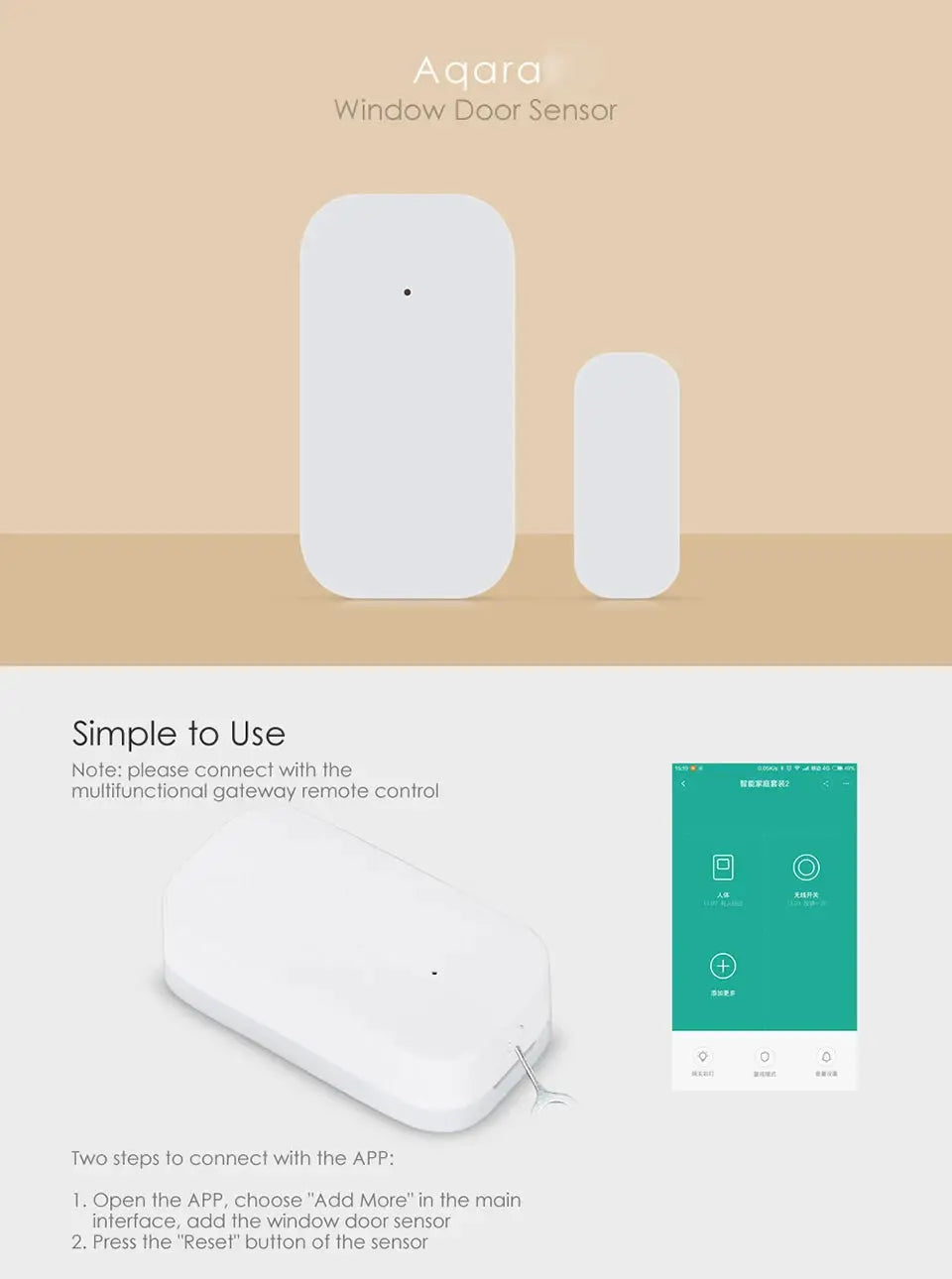 Aqara window door sensor kit by Simples Market; two white rounded sensors with gateway