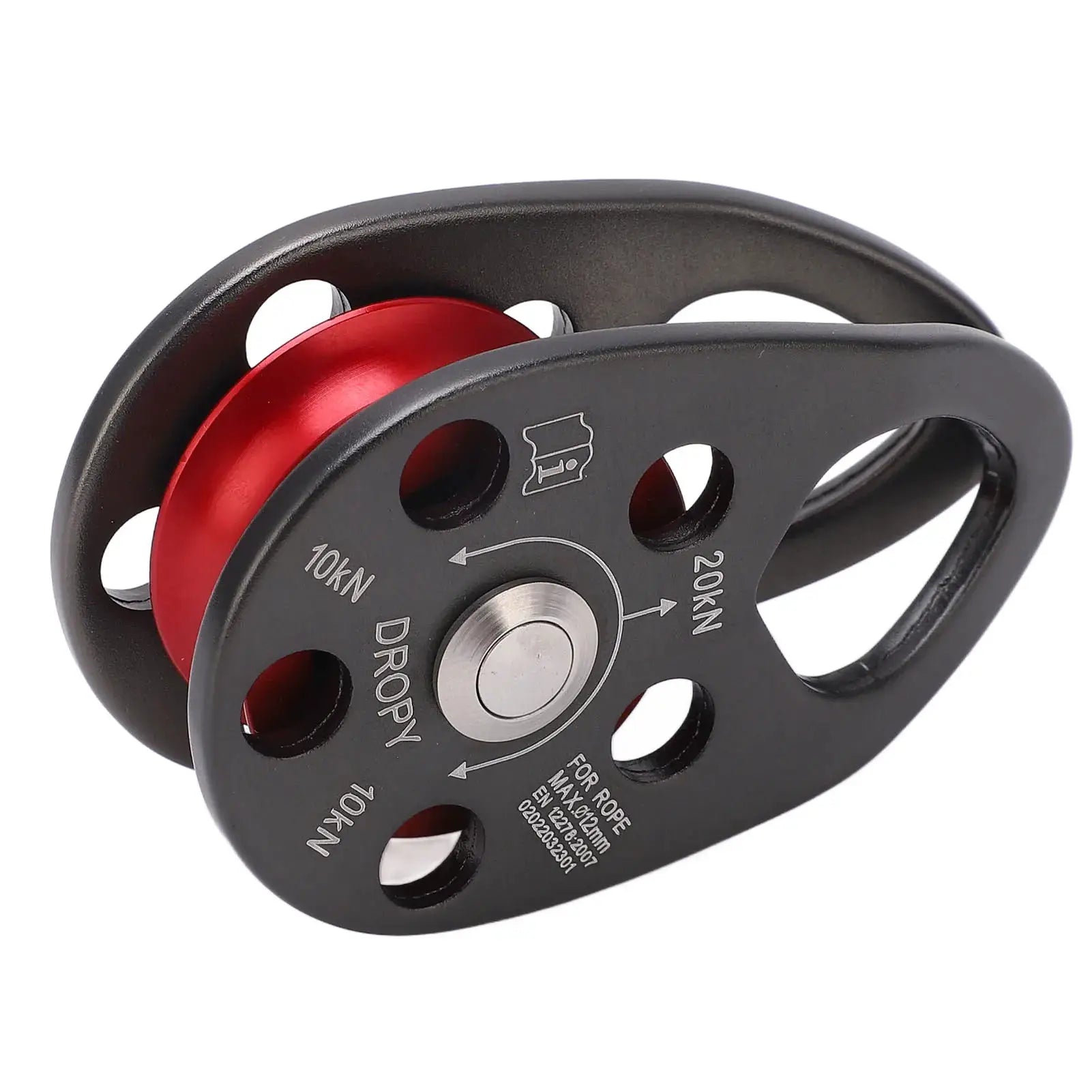 Simples Market portable climbing pulley with red aluminum wheel and black body; single fixed pulley, 20 kN rating.