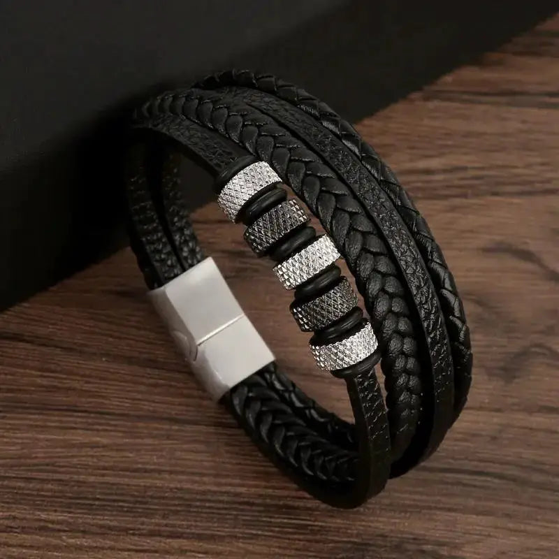 Classic Mens Leather Bracelet Hand Woven Multi Layer Style Fashion Jewelry For Men Durable Casual Accessory