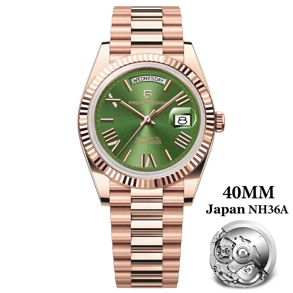 Pagani Design men's rose-gold stainless steel automatic watch, 40mm, green dial with day/date window