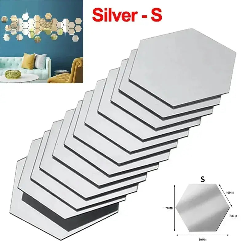 Hexagon acrylic mirror wall sticker set, 5pcs silver tiles by Simples Market