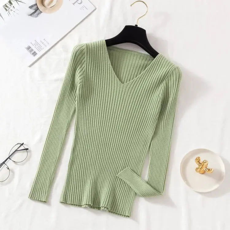 Autumn Winter Womens Knit V Neck Pullover Sweater Casual Long Sleeve Solid Jersey Tops