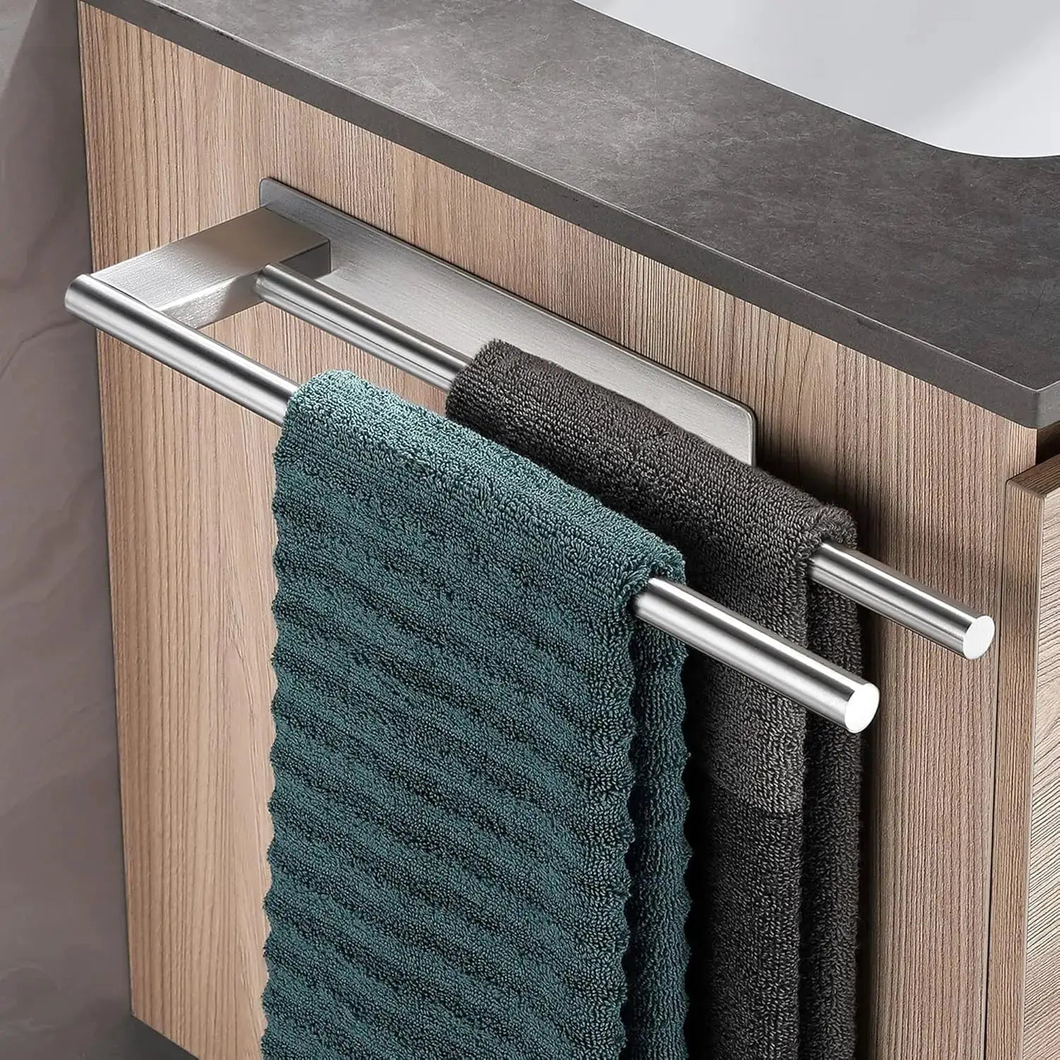 Bathroom towel rack by Simples Market; stainless steel, double adhesive no-drill mount on wood vanity.