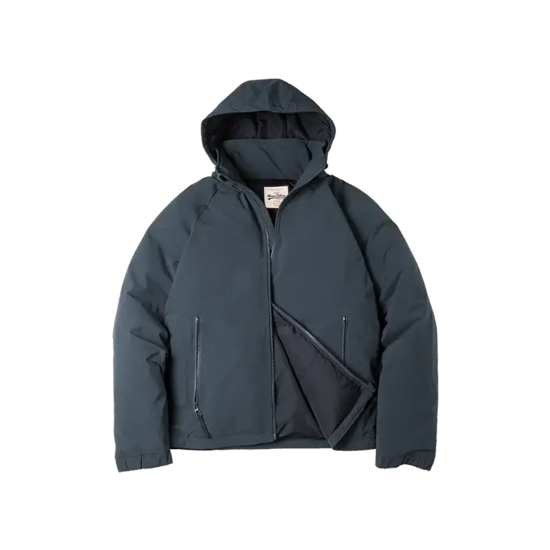 Maden hooded down jacket for men in dark blue-gray, front zip closure with zippered pockets