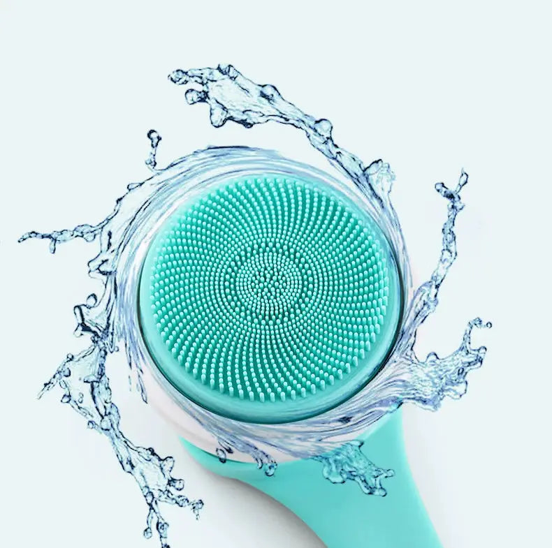5-in-1 rechargeable electric shower cleaning brush with long teal handle and silicone bristle head for bath and body cleaning