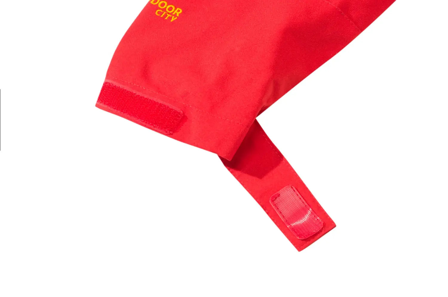 Men's red waterproof hiking jacket with Velcro cuff and Door City logo