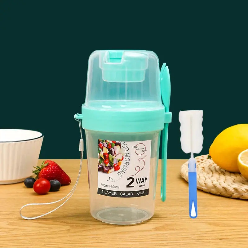 Three Compartment Meal Prep Container With Forks Leakproof Portable For Breakfast Salad Parfait Dressing Jar
