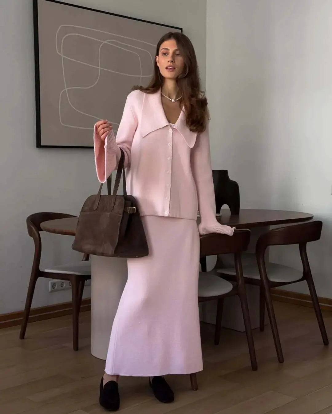 Hirsionsan Two Piece Set Women Polo Neck Cardigan And Midi Dress