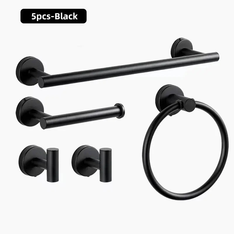 Simples Market 5-piece black stainless steel wall-mounted bathroom hardware set with towel bar, towel ring, toilet paper holder, and two hooks