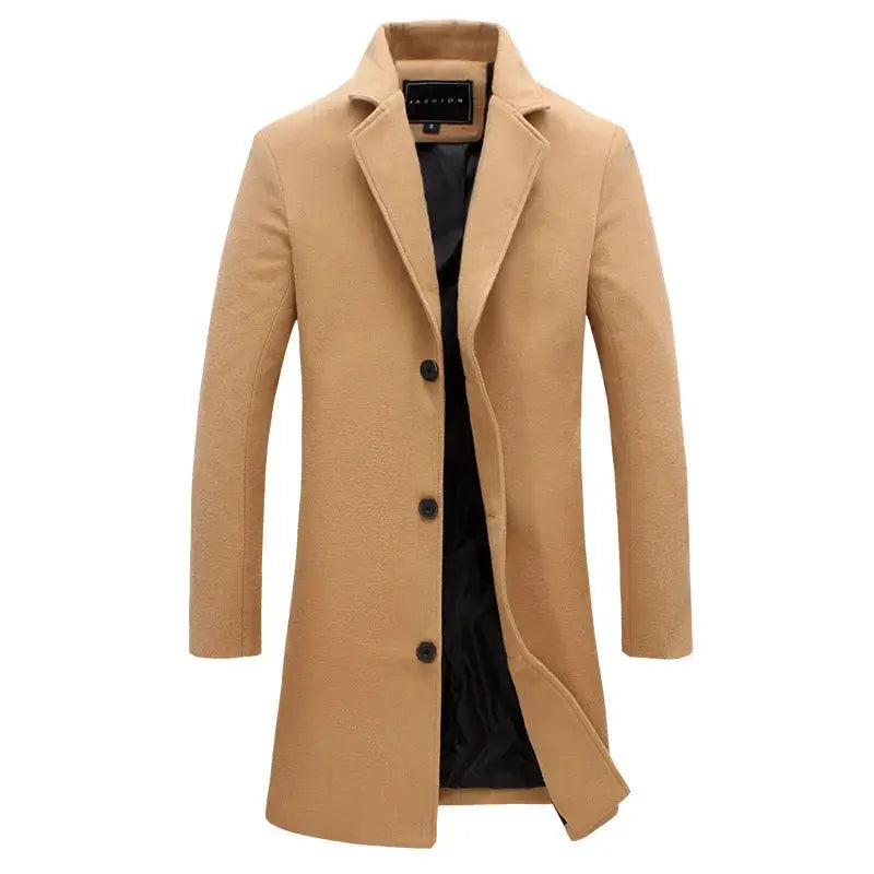 Simples Market men's camel wool overcoat with notch lapel, single-breasted mid-length trench coat