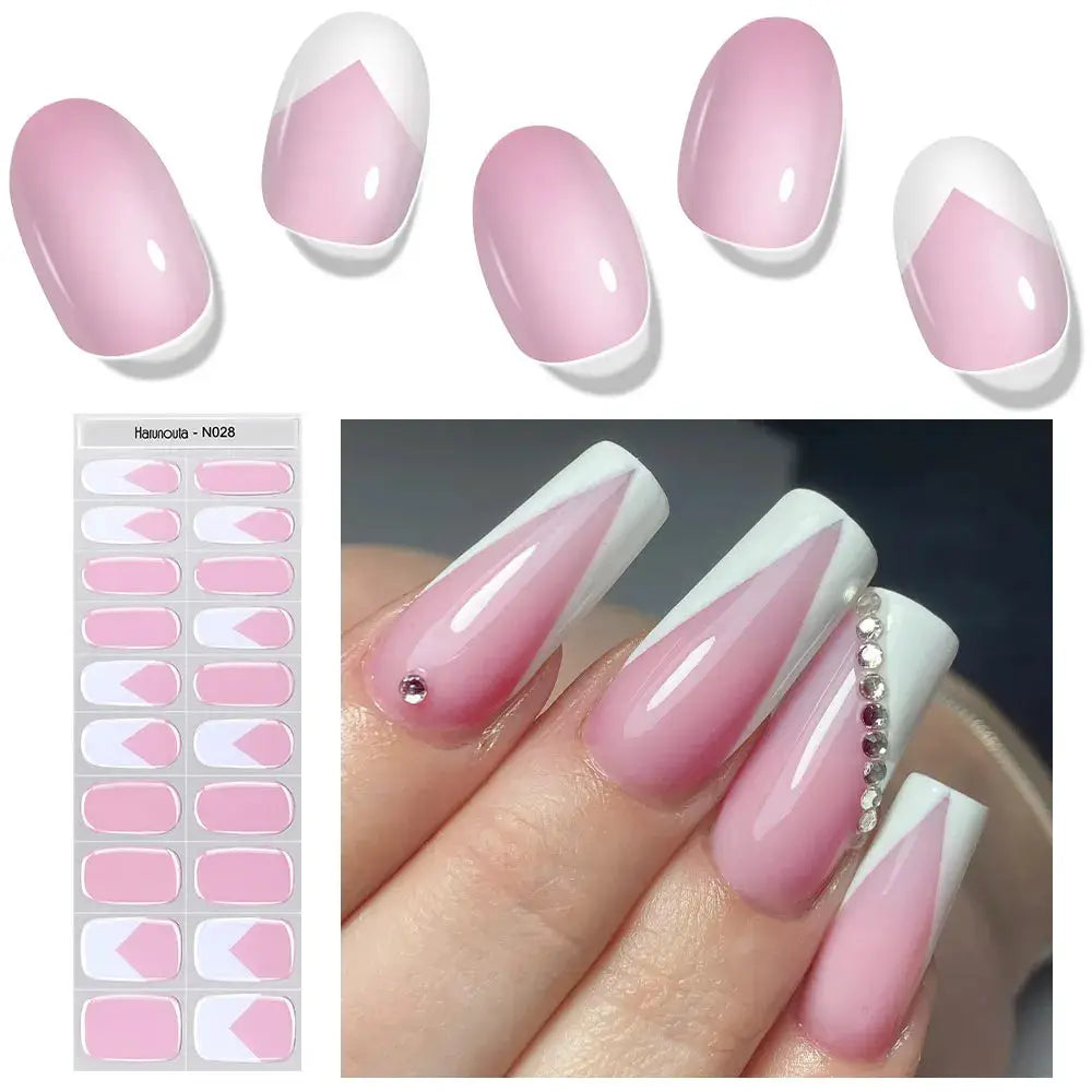 Gradient Auroras gel nail strips set by Simples Market; pink gradient with white tips for UV/LED nails
