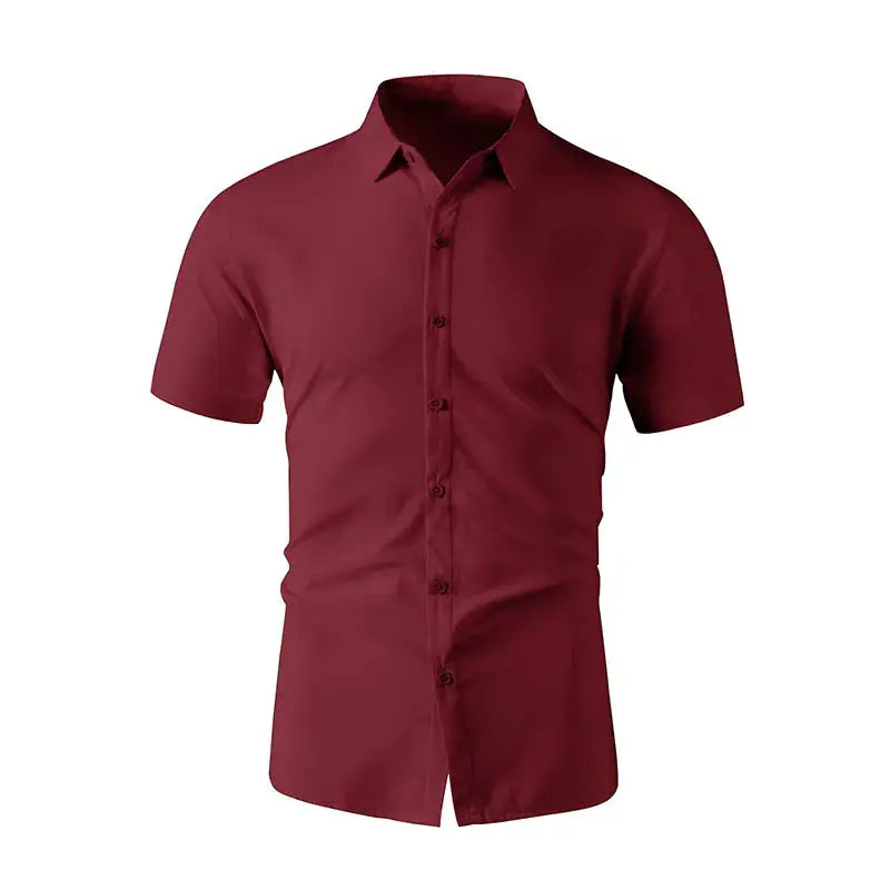 Men's short-sleeve maroon shirt by Simples Market with button-front, no-iron business casual top