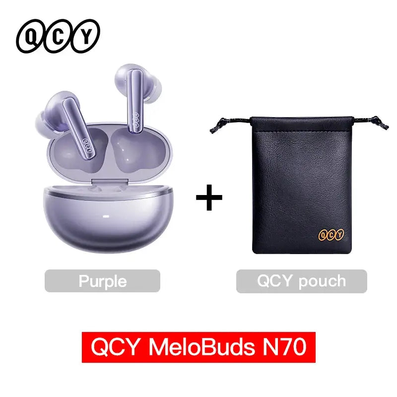 QCY MeloBuds N70 purple wireless earbuds with charging case and included pouch