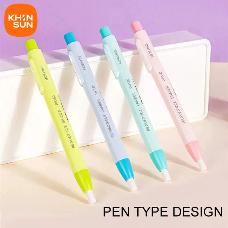 KHINSUN retractable eraser pen set in pastel yellow, blue, mint, and pink with white erasers
