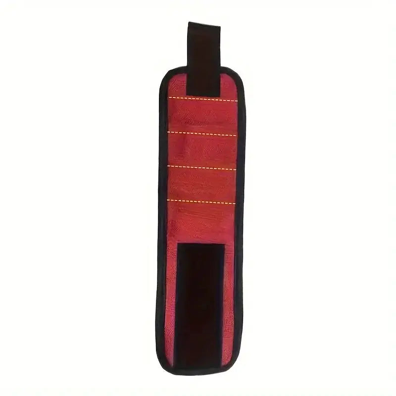 Magnetic tool wristband, red with black edging and yellow stitching; compact tool holder.
