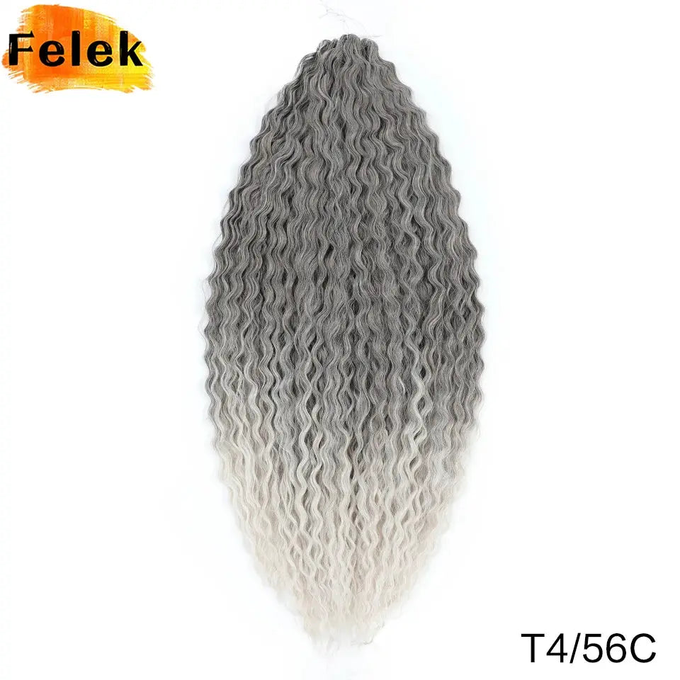 Ariel Curls crochet hair extension in water-wave ombre grey to blonde, Felek logo