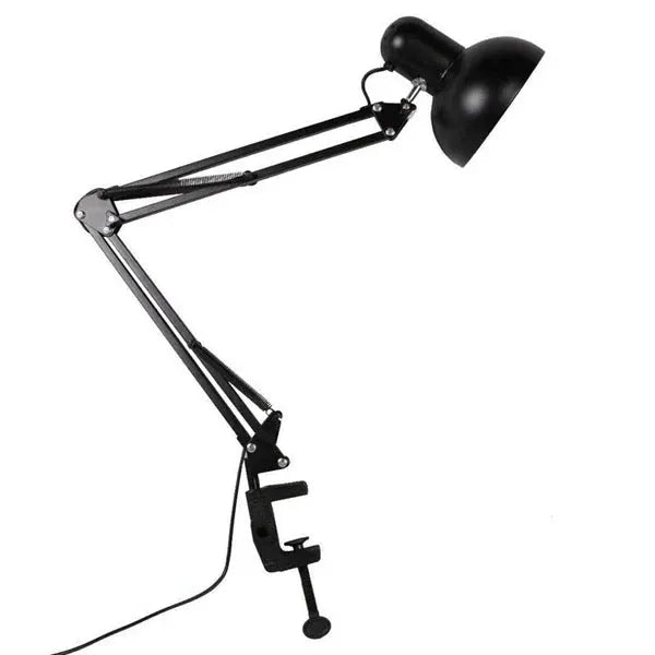 Swing-arm clamp lamp in black metal with adjustable joints; clamp base by Simples Market