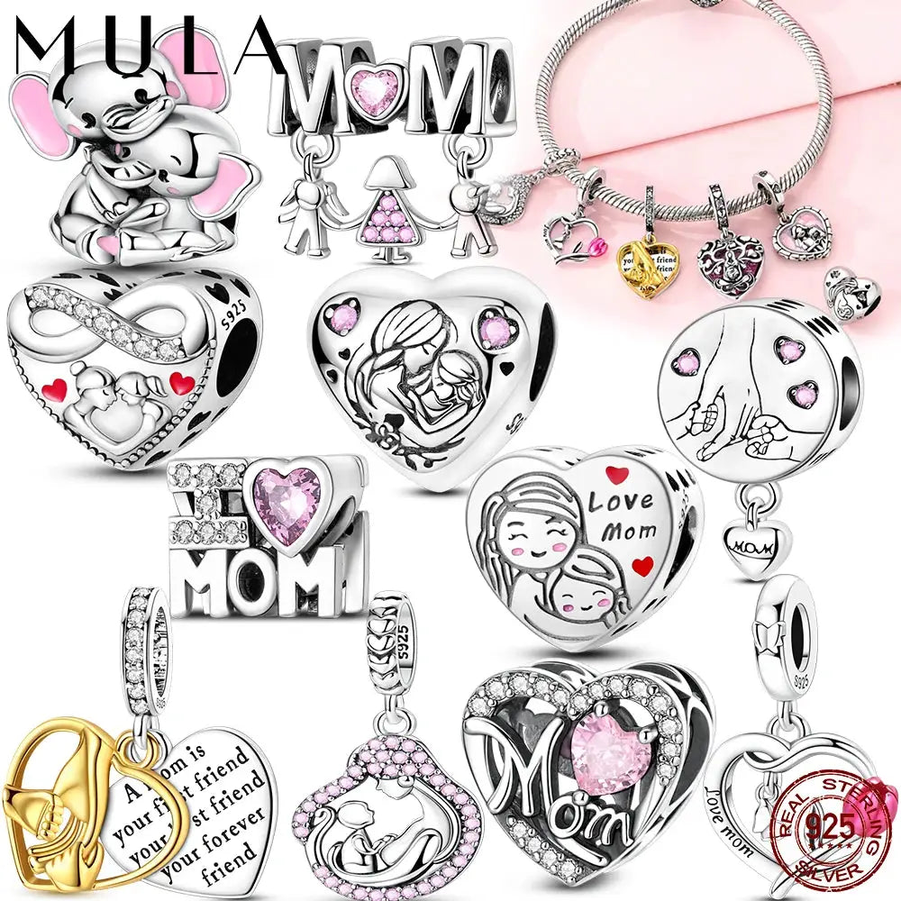 Mother's Day 925 Sterling Silver Heart Charms Beads Dangle For Bracelets Love Mom Jewelry Gift