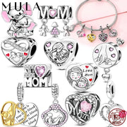 Mother's Day 925 Sterling Silver Heart Charms Beads Dangle For Bracelets Love Mom Jewelry Gift