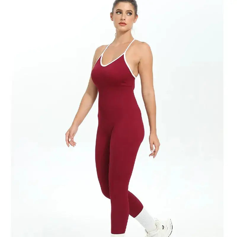 Women seamless ribbed burgundy jumpsuit with white trim for gym and yoga