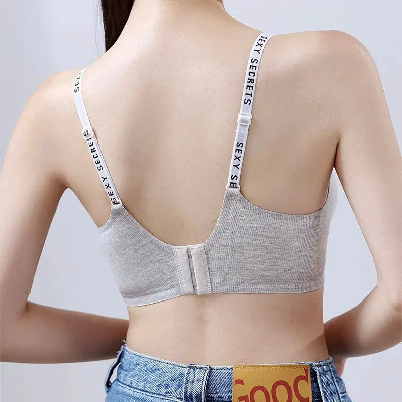 Sexy seamless wireless women's sports bra, light gray, adjustable straps with SEXY text, back hook closure
