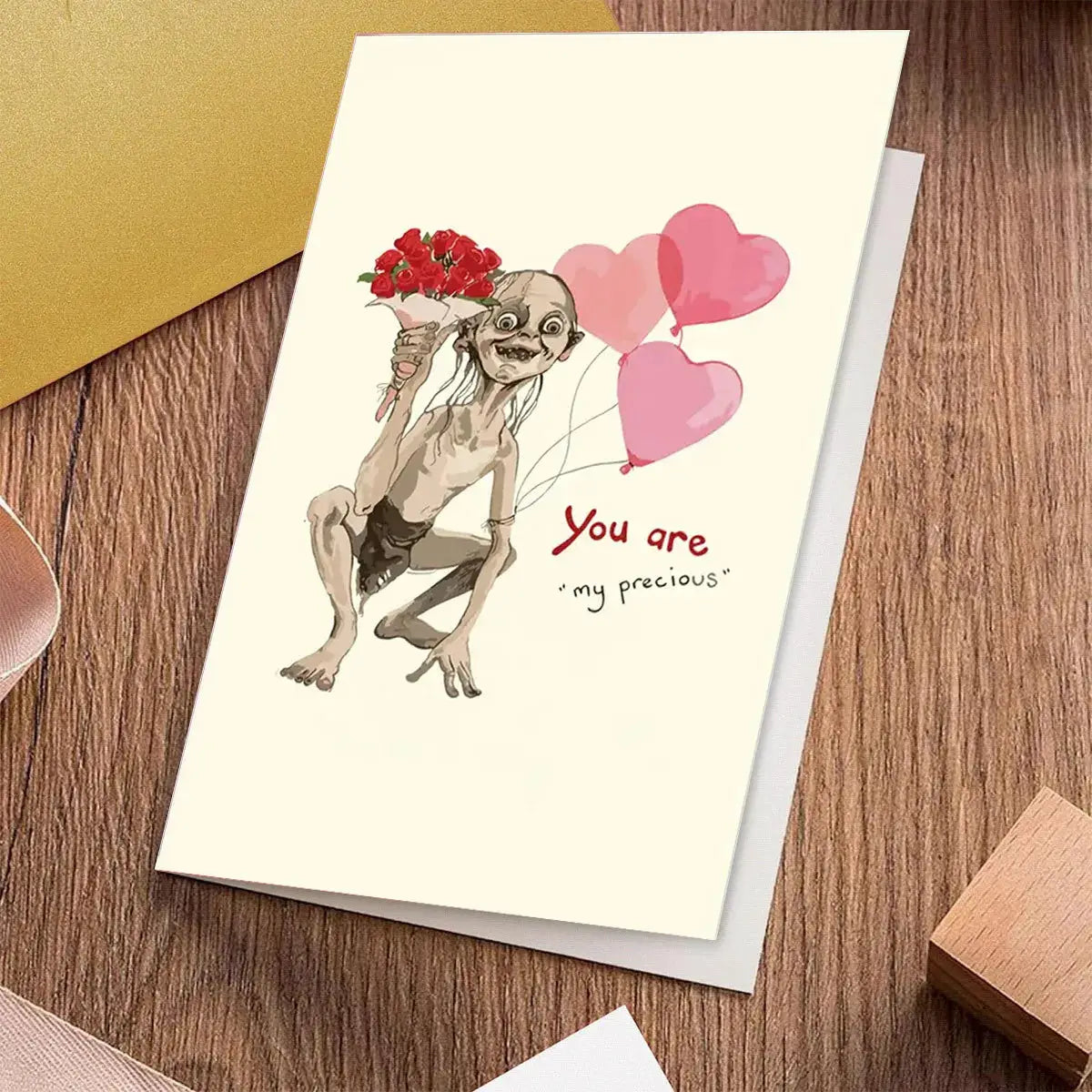 Valentine's Day greeting card with envelope; dachshund illustration holding a red rose bouquet and pink heart balloons