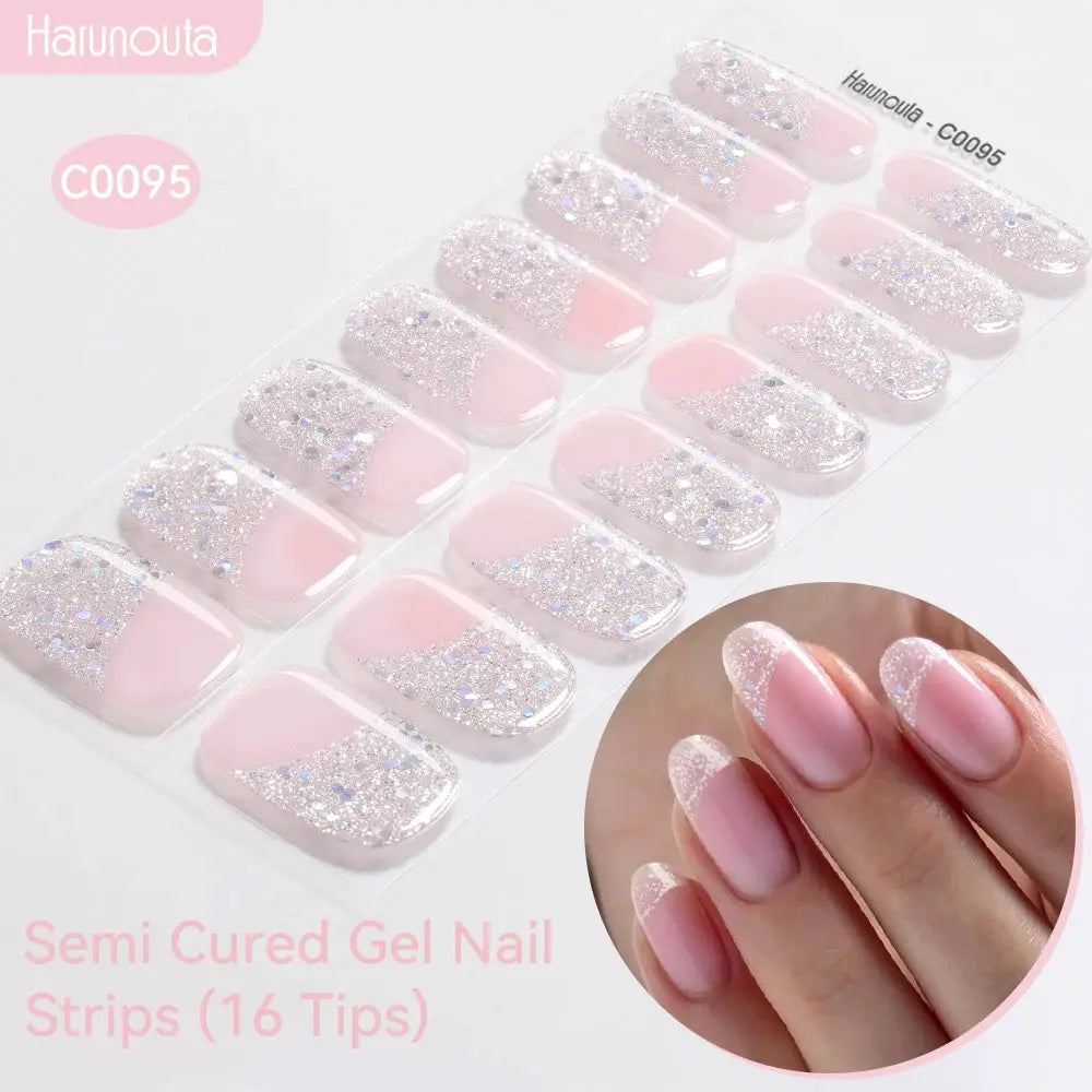Gradient Auroras semi-cured gel nail strips by Harunouta, glittery pink tips, 16-piece set