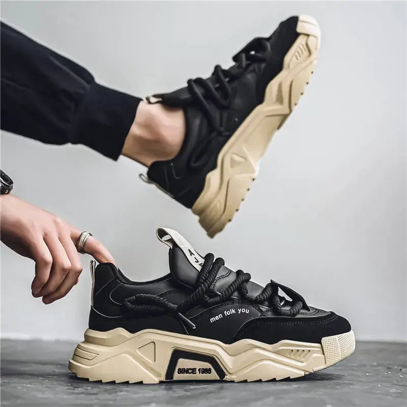 Simples Market men's casual sneakers, black low-top skateboard shoes with beige chunky sole, two shoes shown