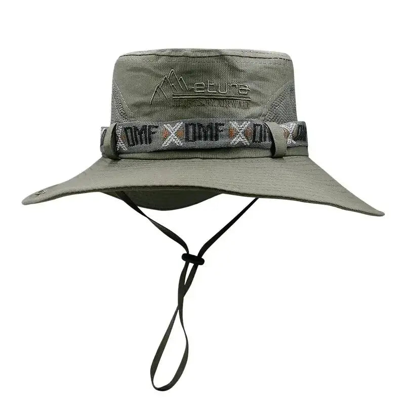 Men's olive-green bucket hat with a wide brim, UV protection, and an adjustable chin strap