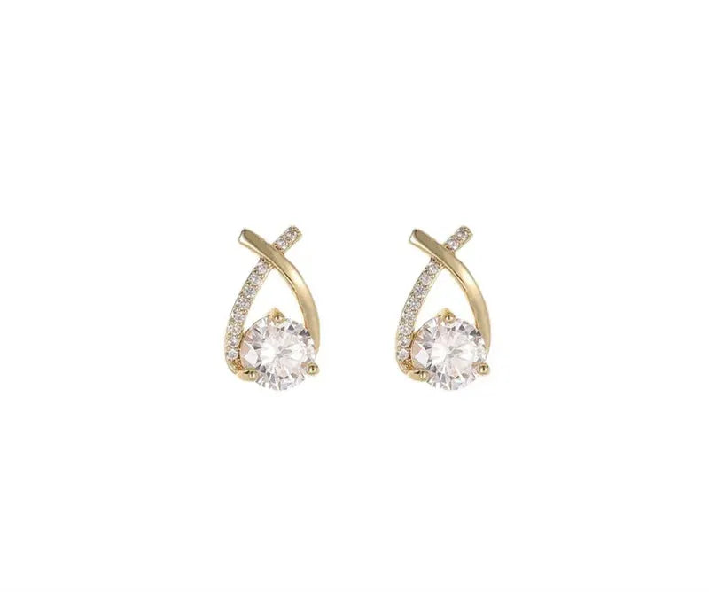 SKEDS fashion cross stud earrings for women, gold-tone with clear crystal drop, pair