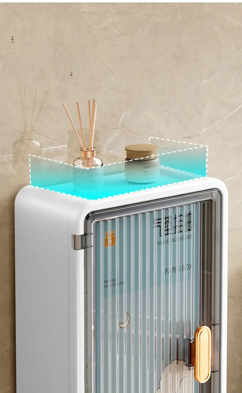 Bathroom shelf wall-mounted by Simples Market with white cabinet and turquoise top for toiletries, two items on top