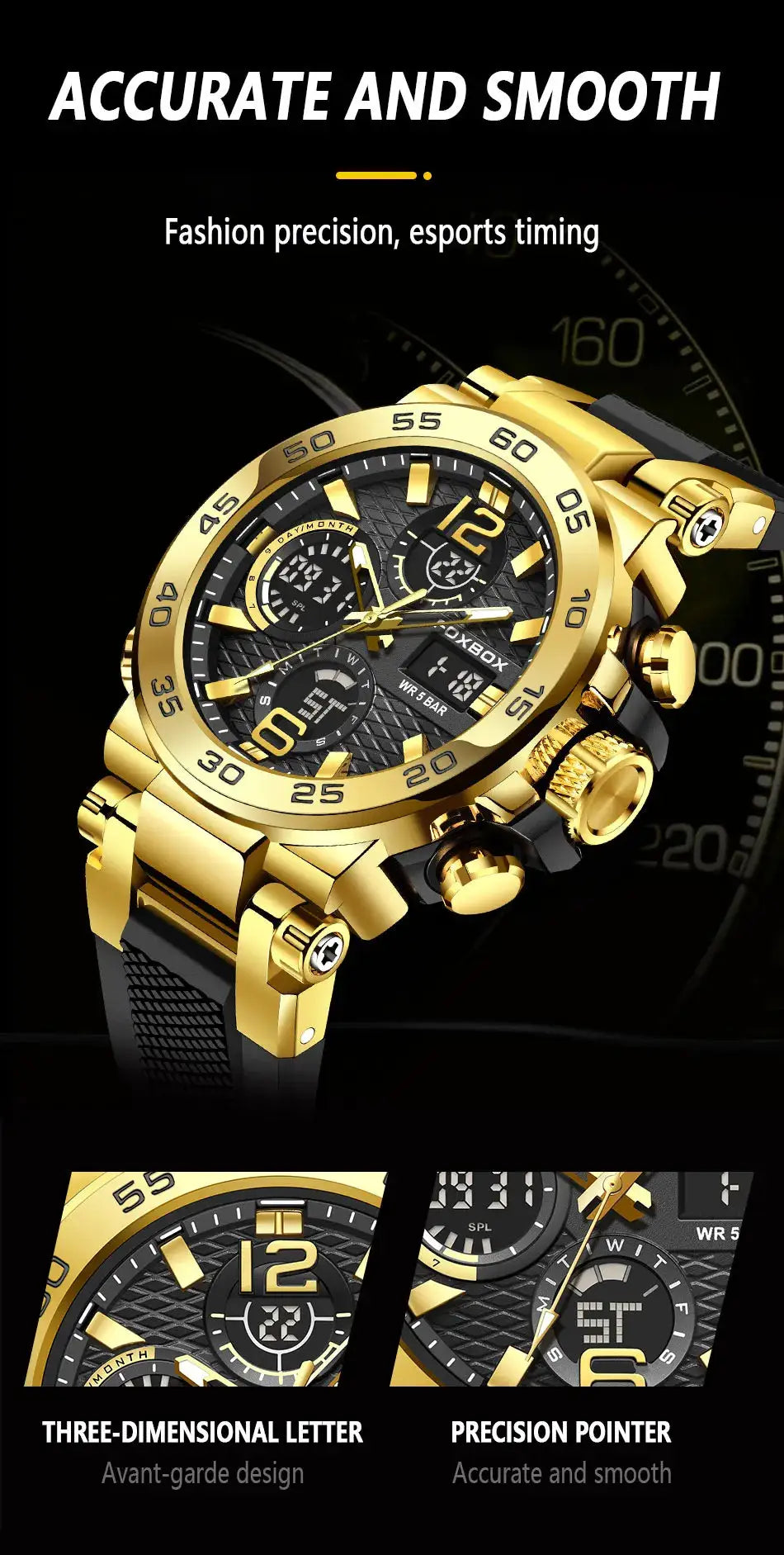 FOXBOX sport men's gold-tone chronograph watch with black textured dial and bold bezel