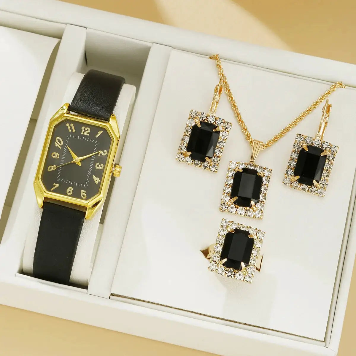 LuxeCharm Square Women Watches Set Leather Strap Quartz Timepieces Five Piece Jewelry Gift Set