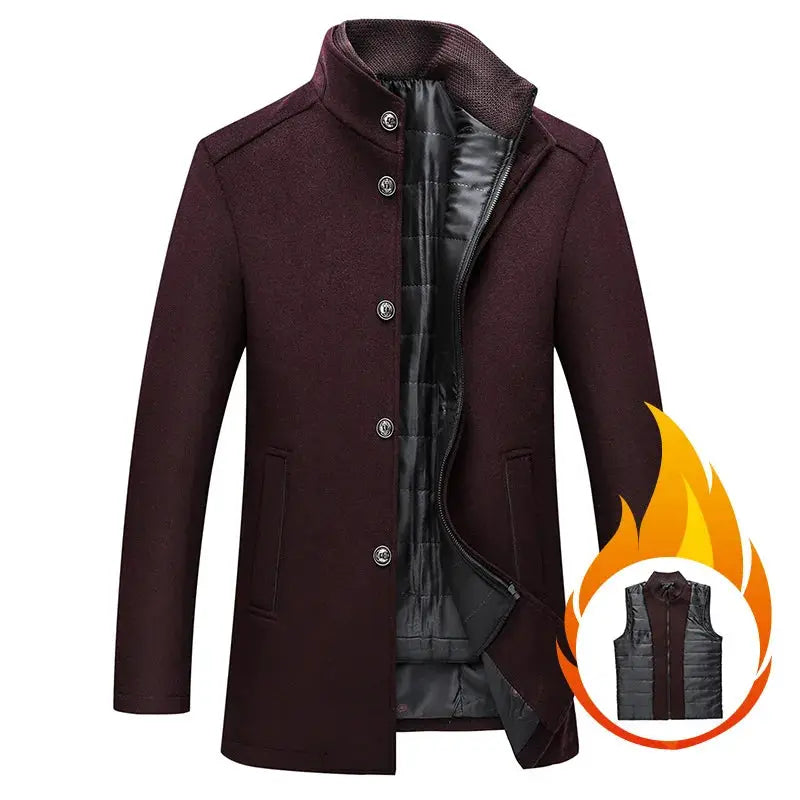 Men's burgundy wool trench coat with quilted lining and button-front closure, plus-size M-XXXL