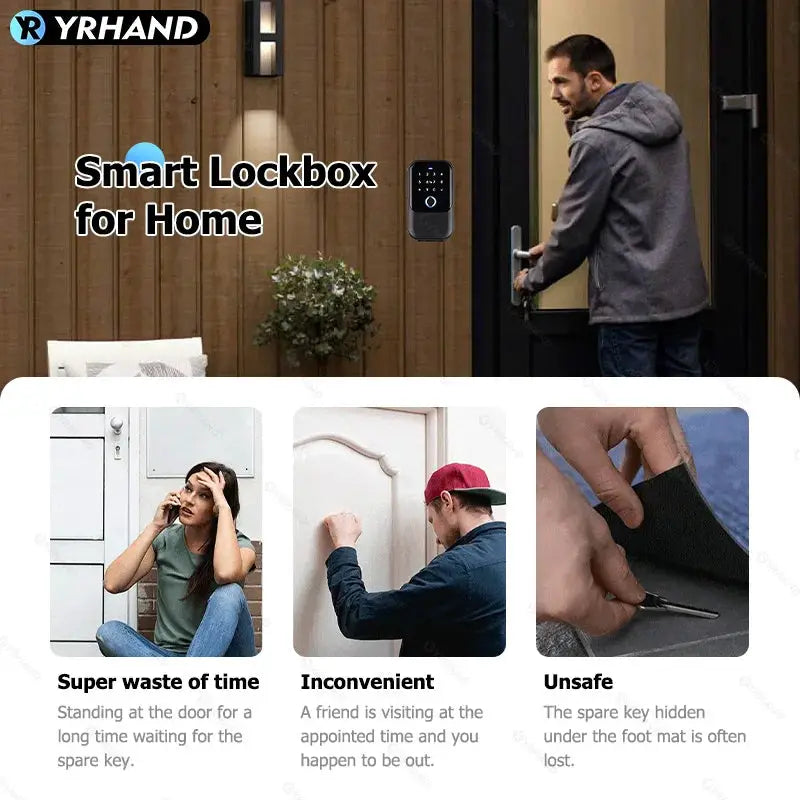 YRHAND smart lockbox for home; black touchscreen lock mounted on a wooden exterior wall.